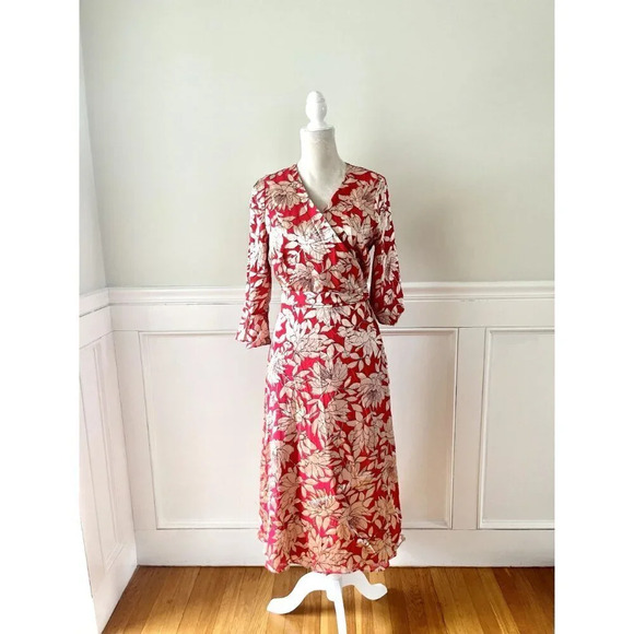 Hobbs London Justina Red & Gold Wrap Midi Dress 8 - Picture 3 of 9